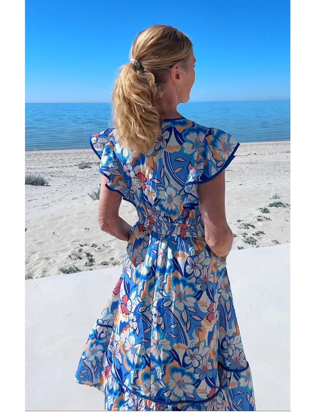 NWT Blue Floral Flutter Sleeve Midi Pocket Dress-S - Picture 5 of 13